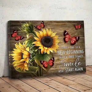 2D Flat 11.81x15.75in Traditional Rustic Sunflower Butterfly Canvas Painting, Vintage Wall Art, Motivational Quote Every Day Is A NEW BEGINNING - Take A Deep Breath Smile - START AGAIN, Inspirational Home Decor, Living Room, Bedroom Decoration