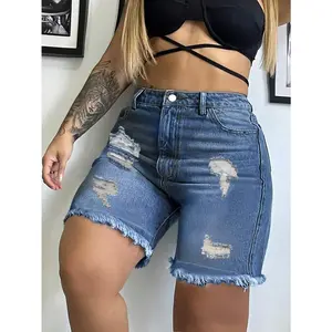 Ciel Fashion Plus Size Mid-Rise Wash With Water Denim Biker Shorts For Women, Oversized Ripped Distressed Design With Frayed Hem, High-Street Casual Stretch Fit