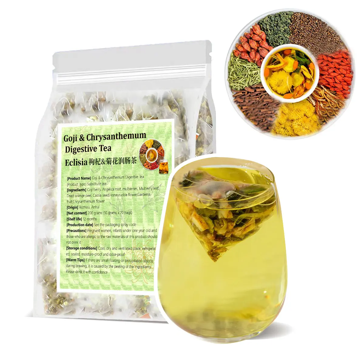 Eclisia Natural Gut Cleanse Tea - Premium Herbal Blend, 8-Raw-Material Formula, 10g x 20 Bags, Nourishing Natural Drinks with Goji Berry, Chrysanthemum, Dandelion, Mulberry Leaf, Honeysuckle
