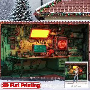 2D Flat Banner, 1pc Cyberpunk Workshop Computer Neon Theme - Polyester Fabric Photography Backdrop & Party for Christmas, Happy New Years Decor, Versatile Indoor & Outdoor Event Background, No Power Needed