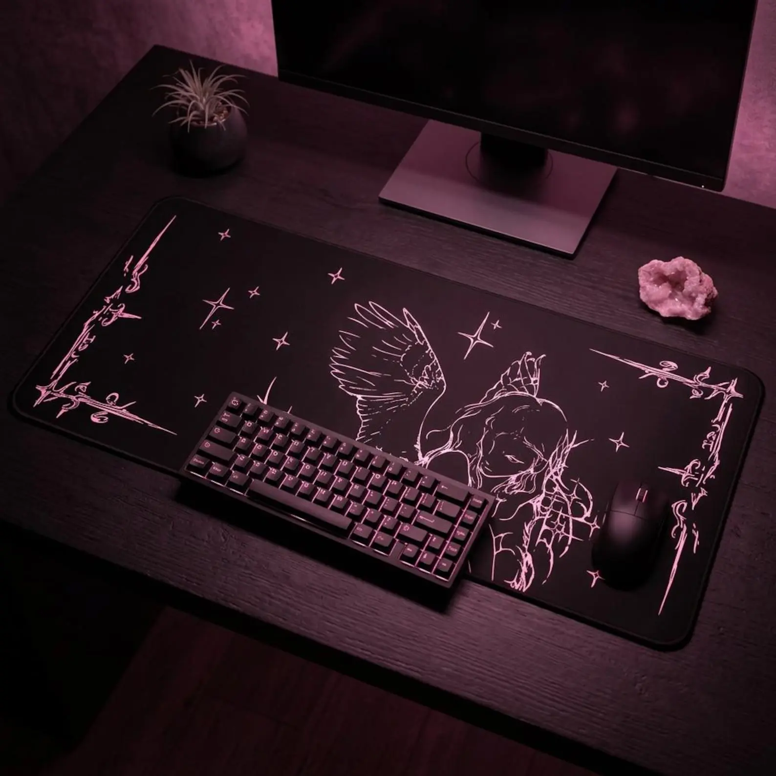 Crying Angel Illustration Desk Mat | Gothic Angel Mousepad, Starry Border