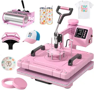 15x15 Inch 5-in-1 Digital Heat Press Machine Combo with 30OZ Tumbler Mug Press - 360° Swing Away, Multifunction for T-Shirts, Mugs, Hats, Plates - Sublimation Heat Transfer, Pink，Valentine's Day gift