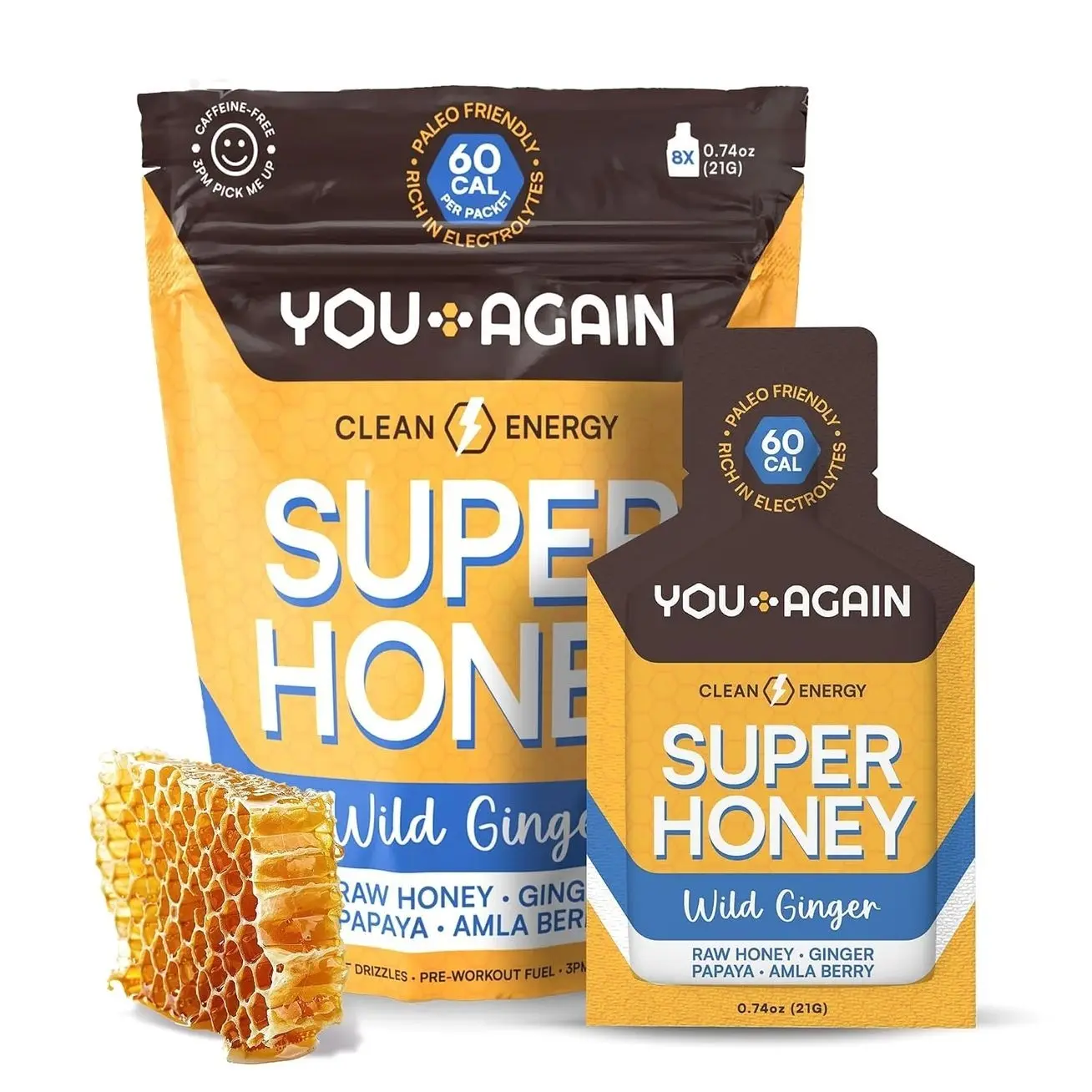 You Again Super Honey Wild Ginger Packets | Workout Clean Energy Gel Packs | Cycling, Endurance, Running Gel or Energy Snack | Paleo & Carnivore Snack | Gluten-Free | Made in USA | 8 Count