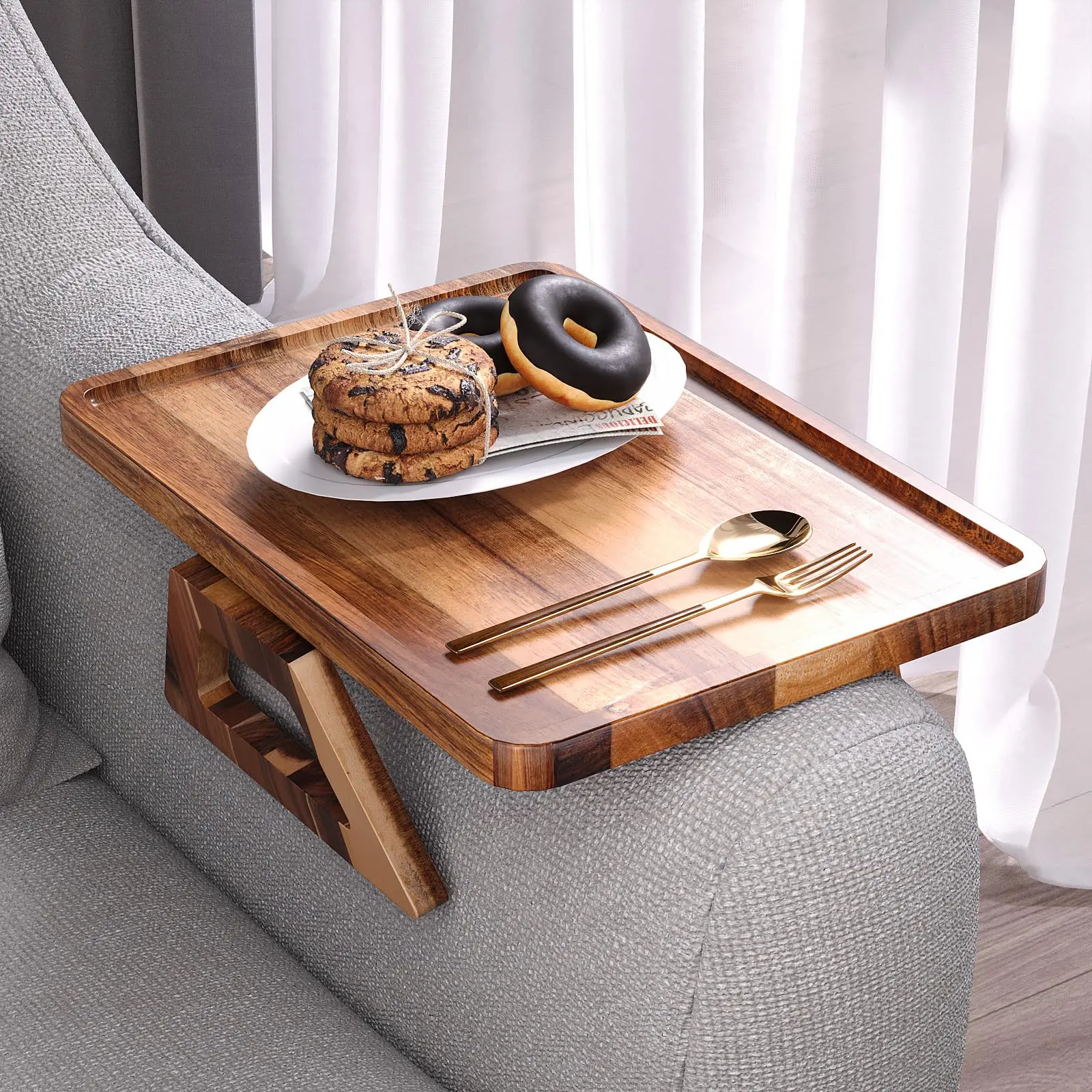 Acacia Wood Couch Arm Tray, Folding Sofa Armrest Tray, Couch Arm Table Clip-On Couch Desk for Drinks, Snacks,Phone,Remote Control