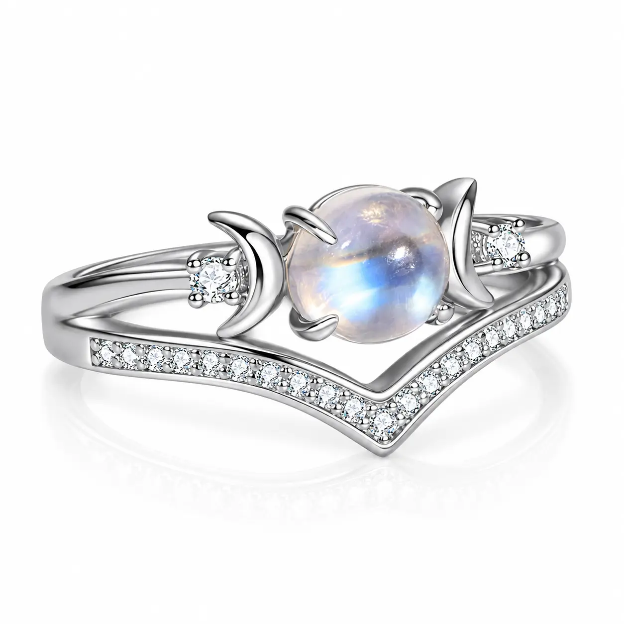 Women's Moonstone Crescent Moon Ring, Silver Tone Celestial V Shaped Ring with Sparkling Crystal Accents, Vintage Gothic Moon Ring, Romantic Fantasy Statement Jewelry for Women