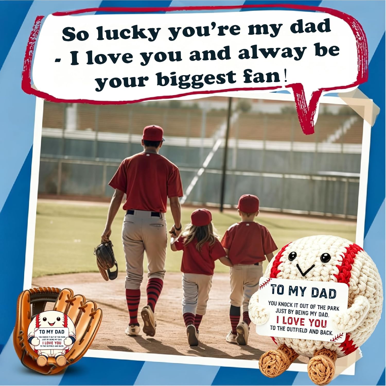 Funny Fathers Day Baseball Gifts Crochet for Dad from Daughter Son Wife Father's Day Birthday Gifts Card for Dad I Love You Papa Daddy Gift Idea for Men Crochet Baseball Decor Christmas