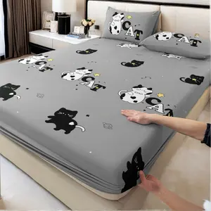 3pcs Light Gray and Black Kitten Cartoon Cute and Simple Bedding, Bed Sheet and Pillowcase Set, Mattress Protector |   2 Pillowcases + 1 Fitted Sheet |   Double/Full/King/Queen Size |   Soft, 24H Non-Shift, Easy Care |   Snug Fit, Simple to Use |   Suitab