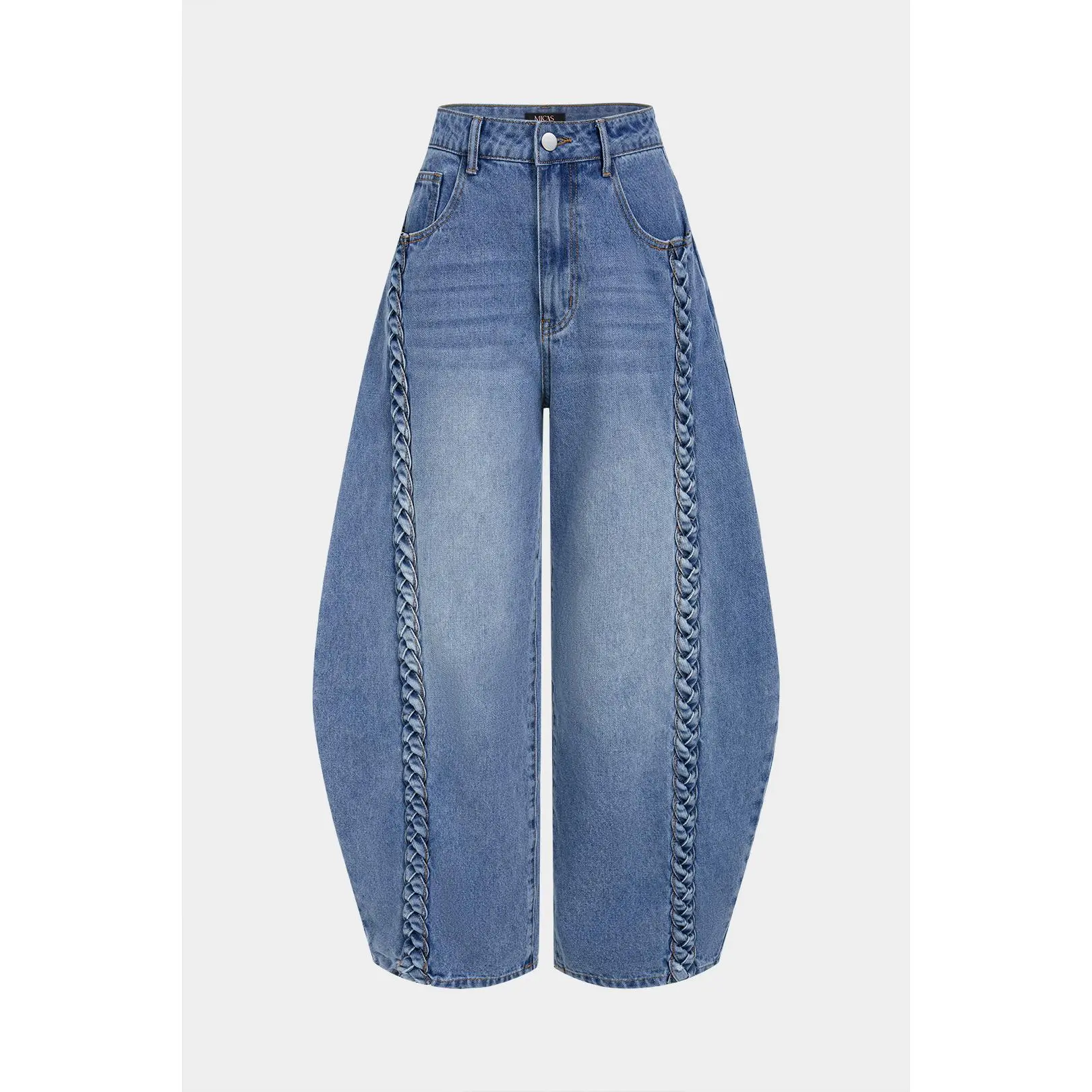 Denim Braided Pocket Zipper Barrel Jeans