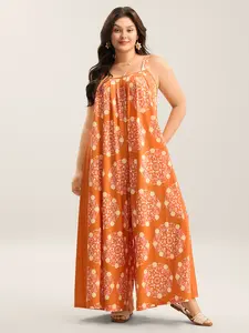 【Wide leg】BLOOMCHIC 2026 plus size Sunkissed Jumpsuit Floral Batik Print Orange Red Maxi Dress for Women Summer Wear Sleeveless Pocket Fit Boho Style Lightweight Fabric Polyester Fashion Womenswear