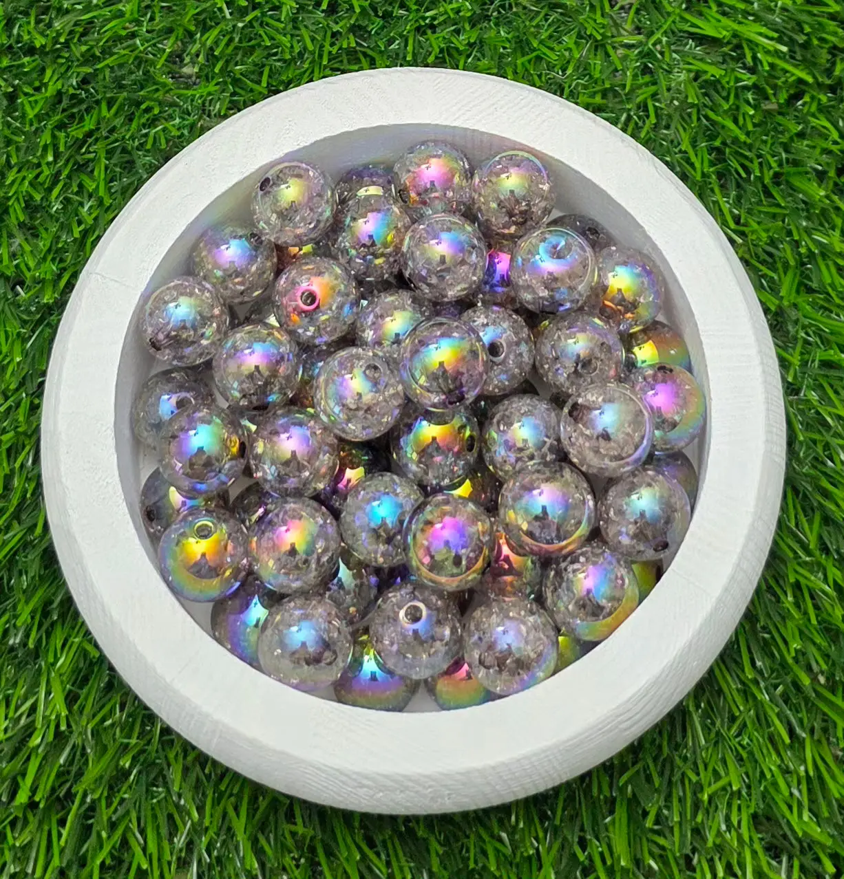 16MM Smoky Black Iridescent Crackle Acrylic Beads – 5 Piece Pack
