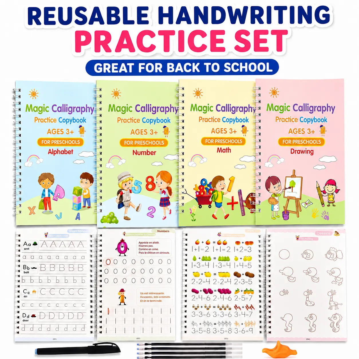 MIUVA Sketchbook  4 Pack Reusable Handwriting Practice Copybook Set Letter Tracing Workbook with Pen Refills Grip for Vocabulary Practice Back to School Supplies
