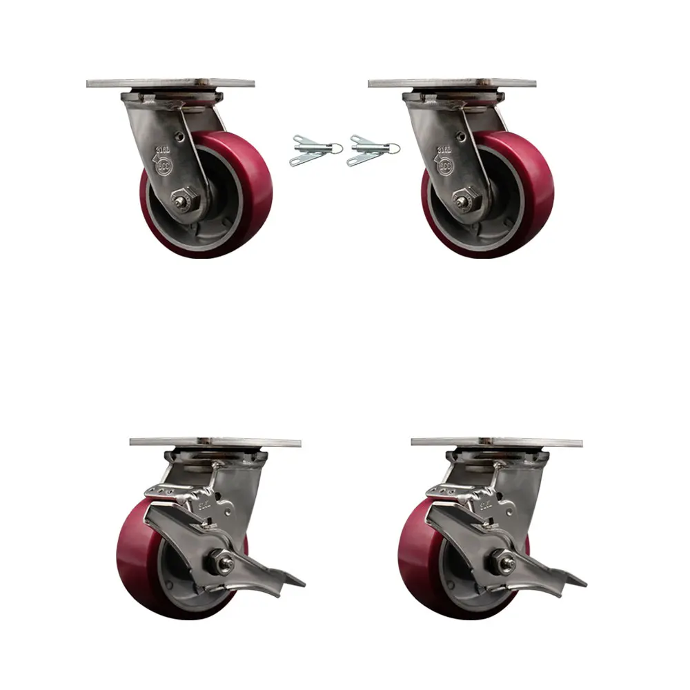 Service Caster SCC-SS31630S420-PAB-BSL-2-TLB-2 316 Stainless Steel Heavy Duty Castors Set - 2 Swivel with Bolt On Swivel Locks, 4 in. Polyurethane-on-Aluminium Wheels, Ball Bearings, Commercial Equipment, 2800 lbs, 7.5" H x 12" W x 12" L, Anti-Rust Castor