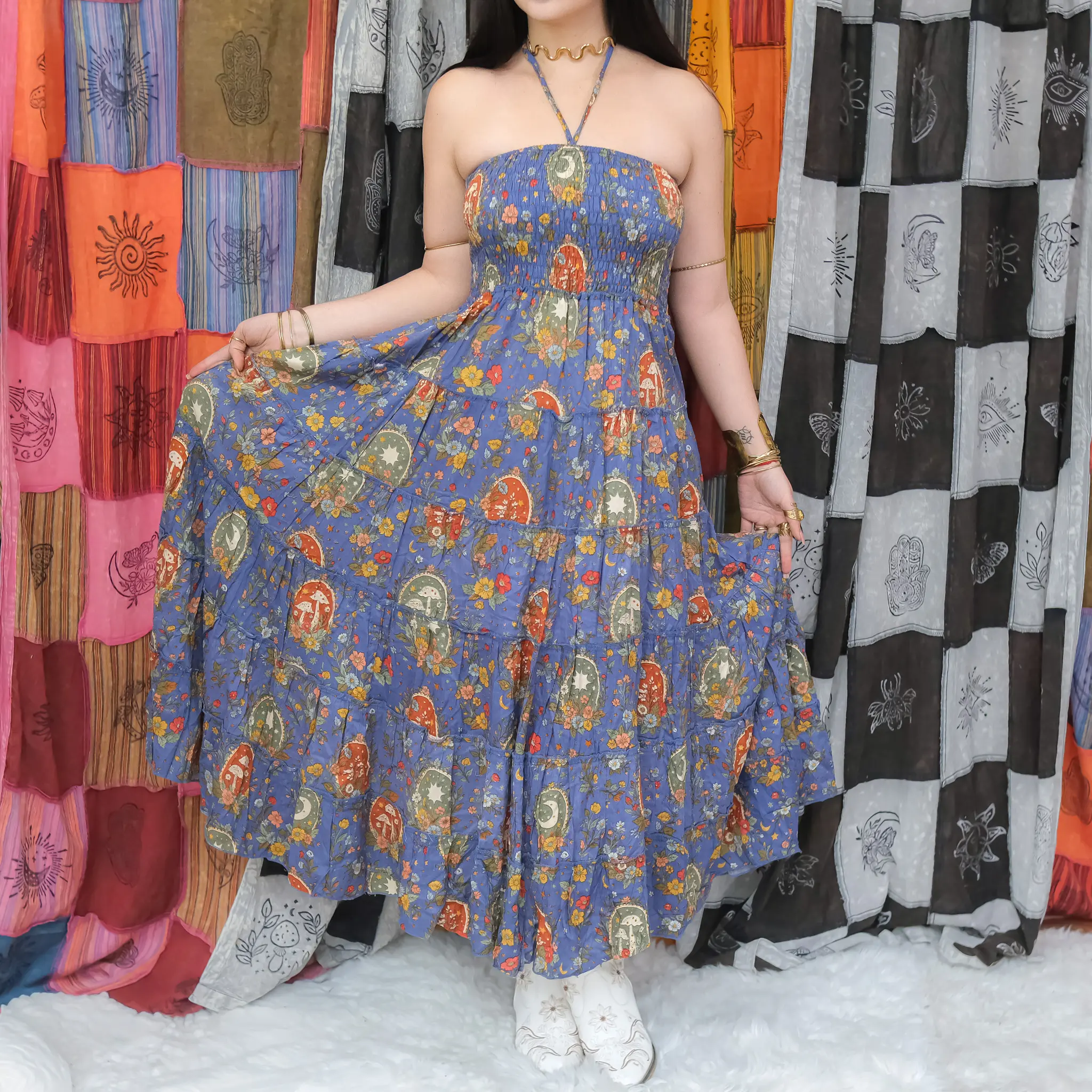 2-Way Flowy Maxi Skirt & Strapless Halter Dress, Cottage core Tiered Dress Skirt, Whimsical Boho Fairy Convertible Maxi Dress