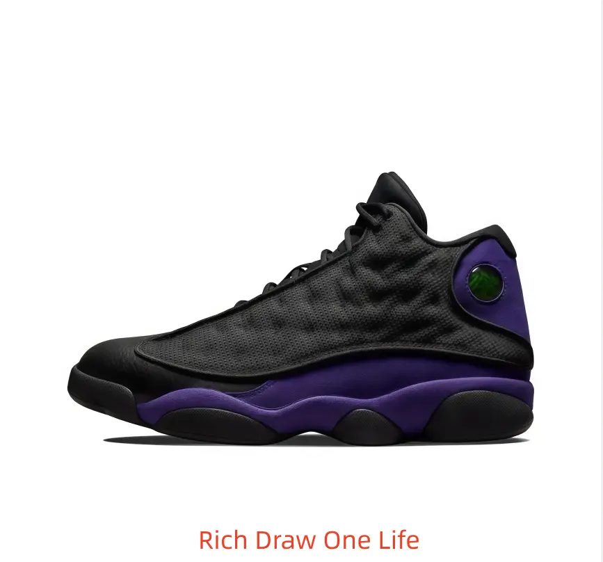 Sleek black-purple high-top collectible sneakers, textured pebbled upper with glossy round gem side detail