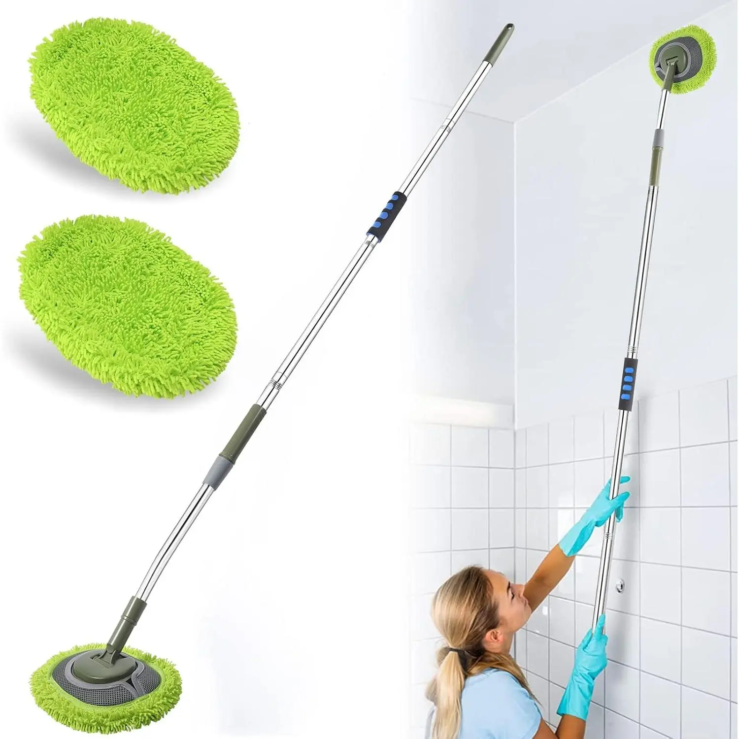 Wall Cleaner, Max 66'' Wall Mop with Long Handle, Ceiling Dust Mop with 15? Labor-Saving Elbow Extension Pole, Baseboard Duster Washer Scrubber, High Reach Window Cleaning Brush, Roof Cleaning Tool-GN