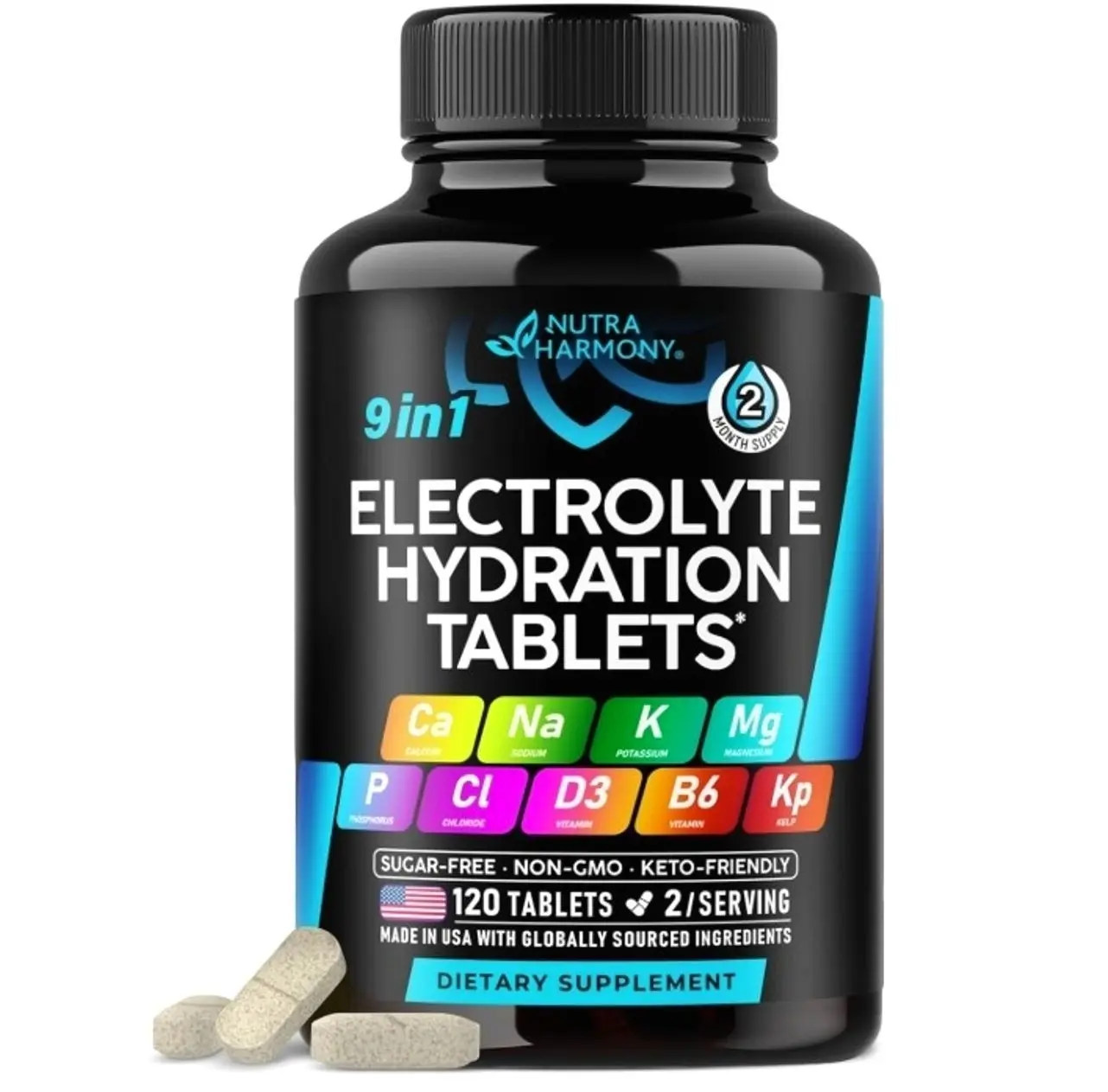 Electrolyte Tablets with Magnesium, Sodium, Potassium, Chloride - 120 Tabs | Electrolytes Salt Pills with Kelp Powder, Vitamins D3 & B6 - Vegan & Keto Friendly Oral Tablets as Capsules - Lab Tested