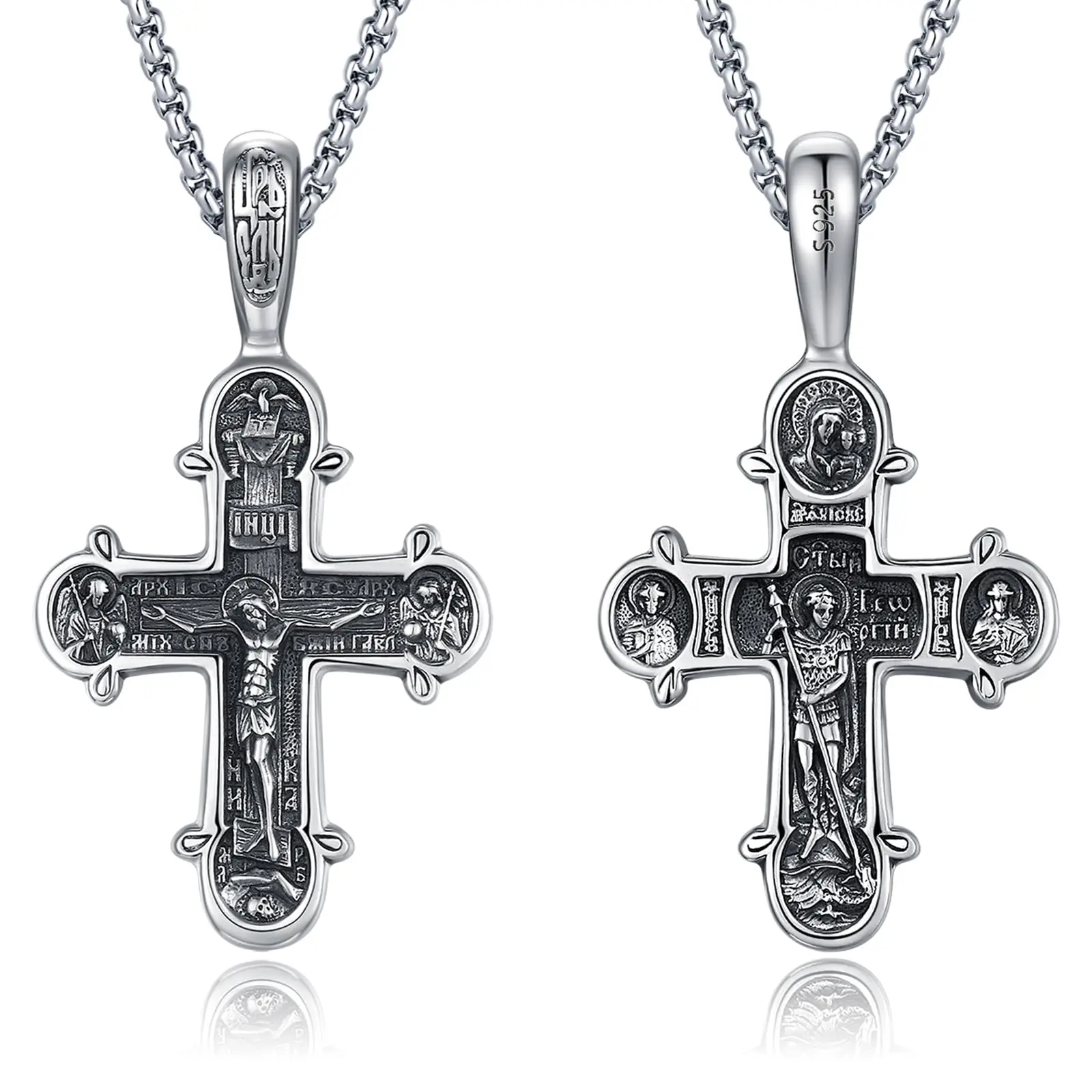 DRINSPER Orthodox Cross Necklace 925 Sterling Silver Jewelry Four Way Cross Necklace Saint Amulet Catholic Jewelry Protection Talisman Gift for Men Women