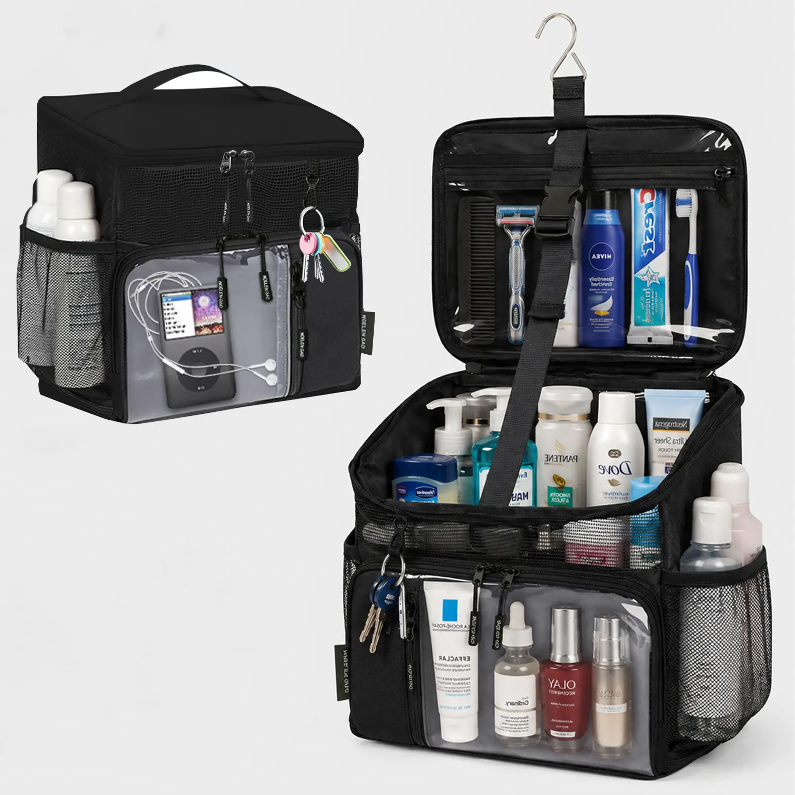 Large Hanging Travel Toiletry Bag for Men and Women — Waterproof Hygiene Organizer with Swivel Metal Hook Featuring Sturdy Zippers and Compartments for Storing Toiletries