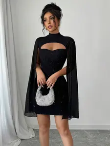 Women's Round Neck Pleated Pearl Chiffon Cape Bodycon Dress, Elegant Fashion Design, Perfect for Casual & Formal Occasions