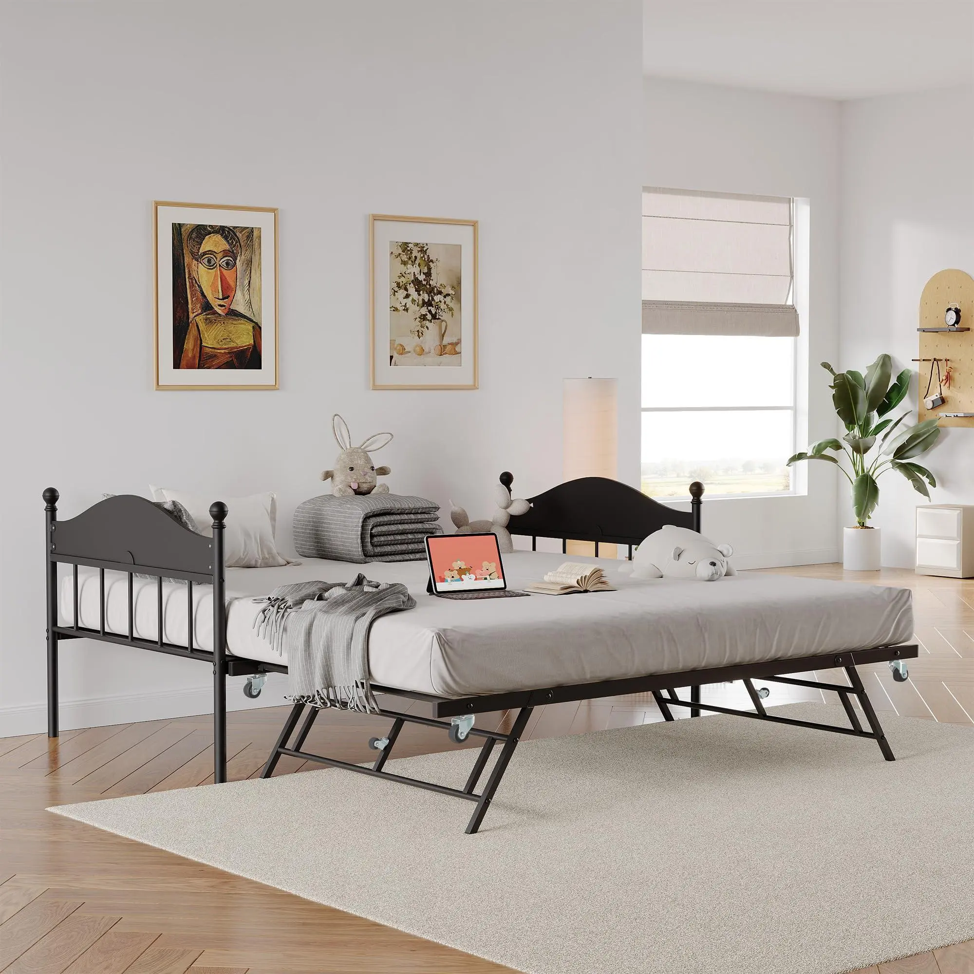 Twin Metal Daybed with Pop-Up Foldable Trundle - Heavy Duty Steel Frame, Stylish Headboard, Quick Set Up for 2 People, Steel Slats for Living Room, Bedroom