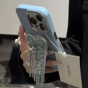 Luxury Glitter Rhinestone Tassels Heart Bracket Rose Red Protective Case For iPhone 16 15 14 13 12 11 Pro Max Shockproof Cover