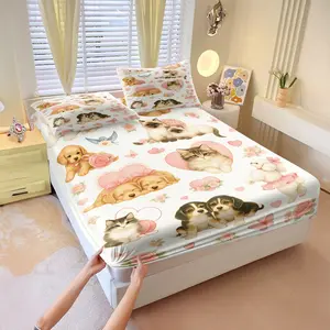 3Pcs Cute Cat and Dog Print Fitted Sheet Set, Adorable Cartoon Bedding Set, Skin-friendly, Breathable, Washable Mattress Cover, Suitable for All Seasons, Kids' Rooms, Bedrooms, Apartments, and More. A Perfect Gift Choice with Multiple Sizes Available.