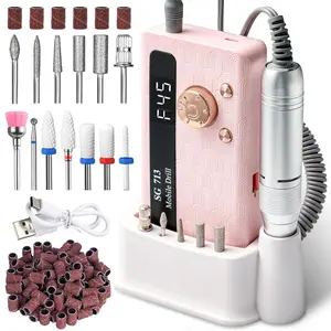 Professional Nail Drill Kit 45000RPM Portable Electric Nail File with 13 Bits & 56pcs Sanding Bands LED Screen Ultra-Silent Rechargeable Nail Drill Machine for Acrylic Nails Gel Polishing Pink