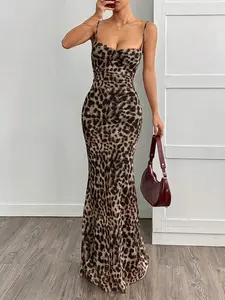 Velora Muse Women's Long Casual Dress, Simple Fashion Leopard Print Strap, Daily Wear