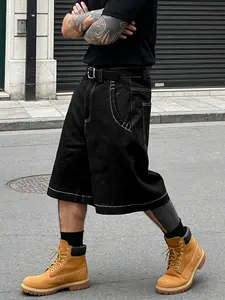 Men's Loose Fit Denim Shorts, Street Style Floral Embroidery Design, Comfortable Straight Leg Jeans for Casual Wear Streetwear