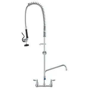 【Summervibes】VEVOR Wall-Mounted Kitchen Faucet, 47" Tall, 8" Apart, with 12" Rotating Spout and Pre-Rinse Spray, Brass Build, Pull-Down Feature for Multi-Compartment Sinks