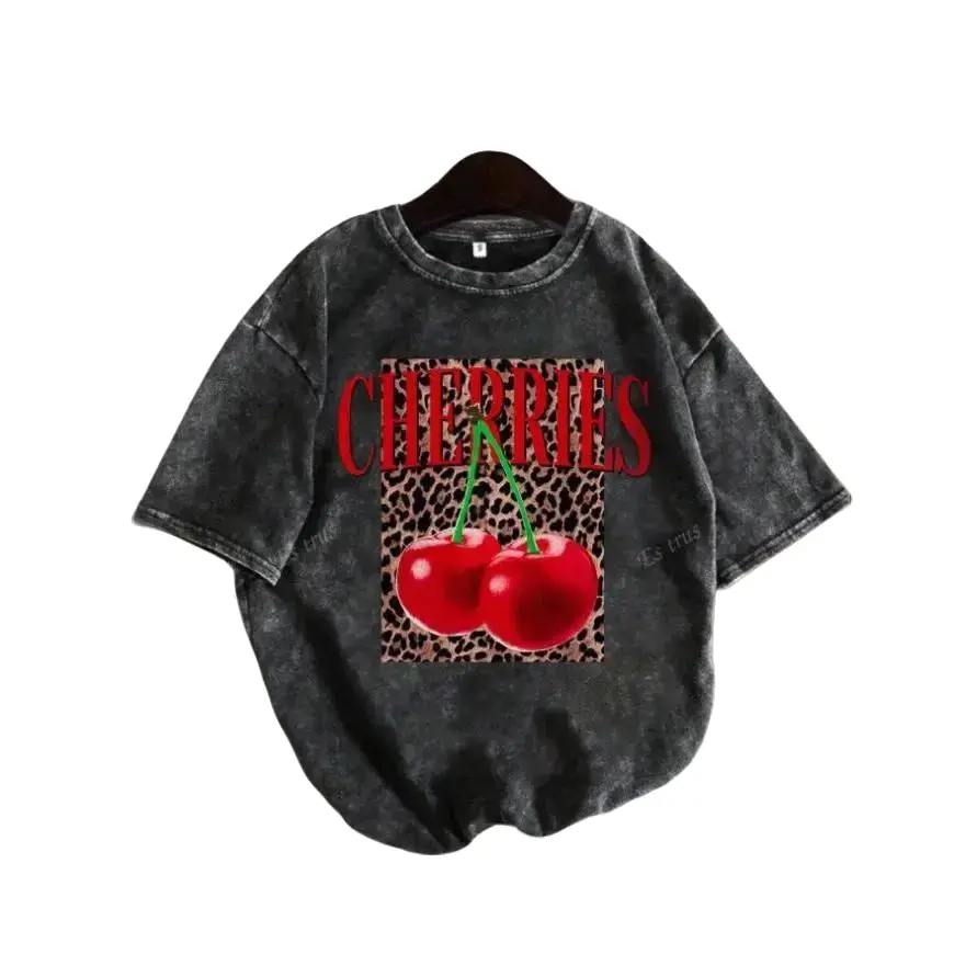 Plus Size Summer Women's Fun Print Hip-Hop "Leopard Cherry Letters" Personalized Pattern Print Street , Korean Style Y2k Clothing Women's Clothing, Round Neck Short-Sleeved Washed T-Shirt graphic casual