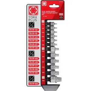 12- Stubby Low Profile Torx Plus Bit Socket Set S2 Steel, TP10/IP10 - TP60/IP60 Sizes, Dual Drive Internal Square Drive and External Hex Drive for Tight Spaces, Genuine Licensed Torx