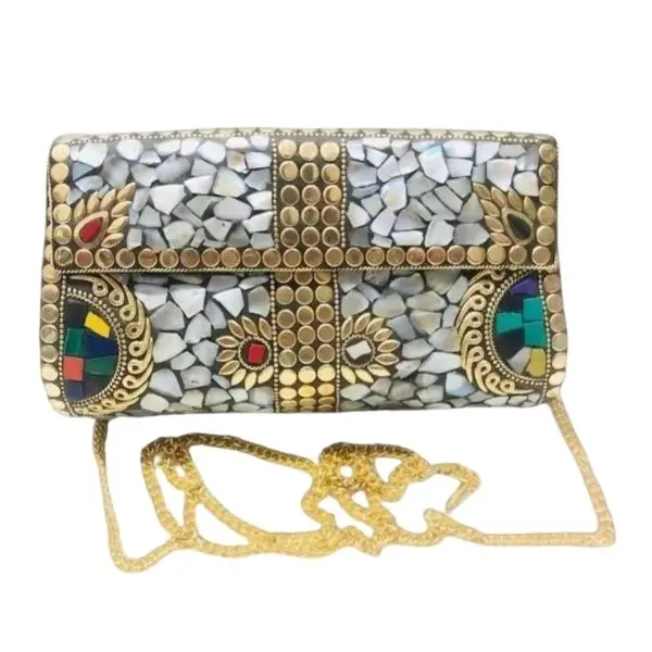 Vintage Mosaic Clutch Handmade with Magnetic Locking System & Traditional Design for Parties Weddings Special Events with Gold Chain