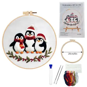 DIY Christmas Penguin Embroidery Kit – Needlework Craft Set for Home Decor English Stitch Guide Included Perfect Handmade Art Project for Relaxing Holiday Crafts