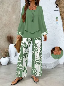 2026 Spring Summer Women's Chic Fashion Leaf Print Two-Piece Set - Loose Flared Sleeve Top & Wide-Leg Pants, Multi-Color Options, Breathable Drape Fabric, Square Neck Layered Design, Versatile for Casual/Office/Lounge