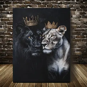 1pc Framed Canvas Wall Art- Black Lion& Lioness with Golden Crowns, Regal Animal Artwork, High-Quality Canvas Painting for Living Room, Office, Cafe, Bedroom Decor, 2D Flat, Perfect for Room Decor, 2D Flat
