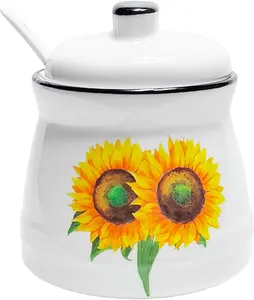 Sunflower Sugar Container Ceramic Sugar Bowl with Lid and Spoon Sugar Jar for Coffee Bar Kitchen Decor and Accessories 12oz (Sunflower)