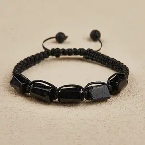 Natural Raw Five Black Tourmaline Rectangle Beads Protection Power Gemstone Braided Healing Reiki Crystal Women Minimalist Adjustable Bracelet