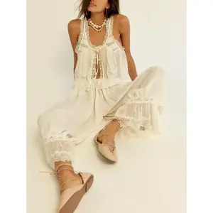 Women’s 2-Piece Casual Outfit – Sleeveless Tank Top with Lace Trim and Tie Front, Drawstring Pants