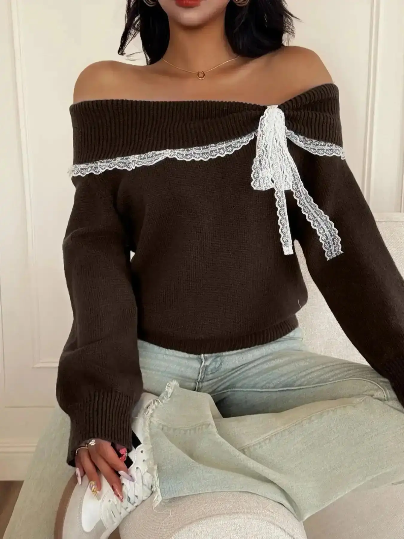 Women's off Shoulder Lace Bow Long Sleeve Fitted Pullover Sweater, Cute Feminine Knit Top for Fall & Winter, Casual Fashion Ladies, Women Outfit, Autumn Knitwear Womenswear must have everyday essential