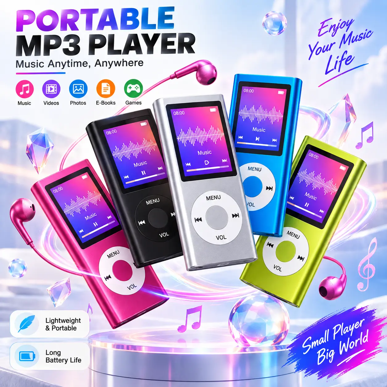 Pocket-Sized Portable MP3 Music Player for Car Audio, Compact MP3 with Programmable LED Display, Lossless Audio Output, Music Playback, 64GB TF Card Support, Wired Earphones, 2 Accessories