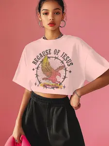 Women's Eagle & Letter Print Crop Tee, Casual Loose Short Sleeve Round Neck T-shirt for Summer, Ladies Clothes for Daily Wear, Top