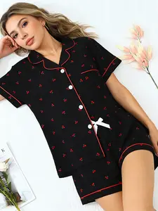 Black Red Cherry Print Pajama Set for Women, Button Down Short Sleeve, Spring & Summer Casual Loungewear Pjs Set, Red Trim Accents, Sweet & Edgy Cozy Home Outfit