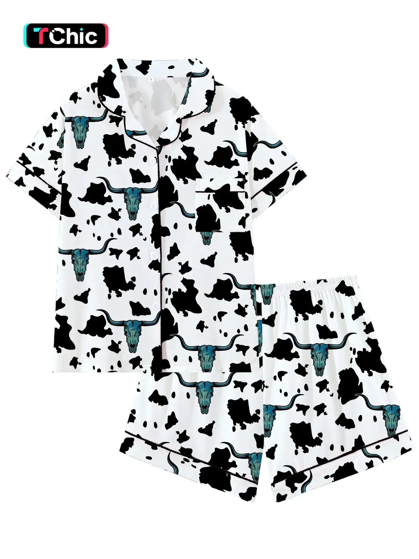 Coastal Cowgirl Aesthetic Pajama Set | Pajama Chic Cute Black Cow Print & Turquoise Steer Skull Sleepwear | Soft Short Sleeve Button Down Lounge Outfit | Western 2-Piece Summer PJs | Fun Nashville Bachelorette Nightwear | Animal Print Pajamas | Loungewear