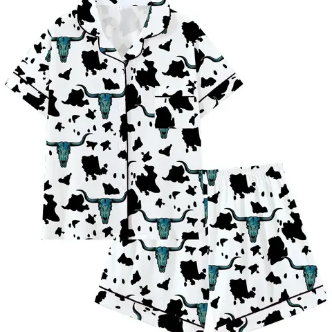 Aesthetic Cow & Turquoise Steer Skull Pattern Pajama Set, Summer Sleepwear, Soft Short Sleeve Button Down Top & Shorts Set, Western Style 2-Piece PJs, All Season Loungewear, Fun Nashville Bachelorette Nightwear, Loungewear