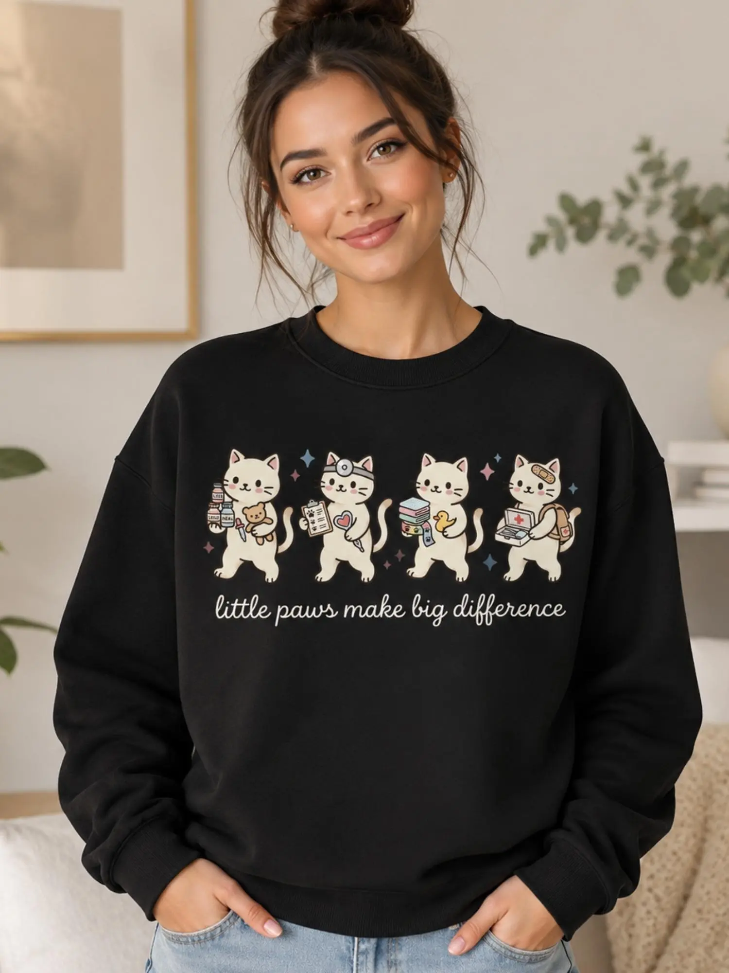 Little Paws Make a Big Difference Sweatshirt, Cute Cat Medical Graphic Crewneck, Animal Care Worker Pullover for Women