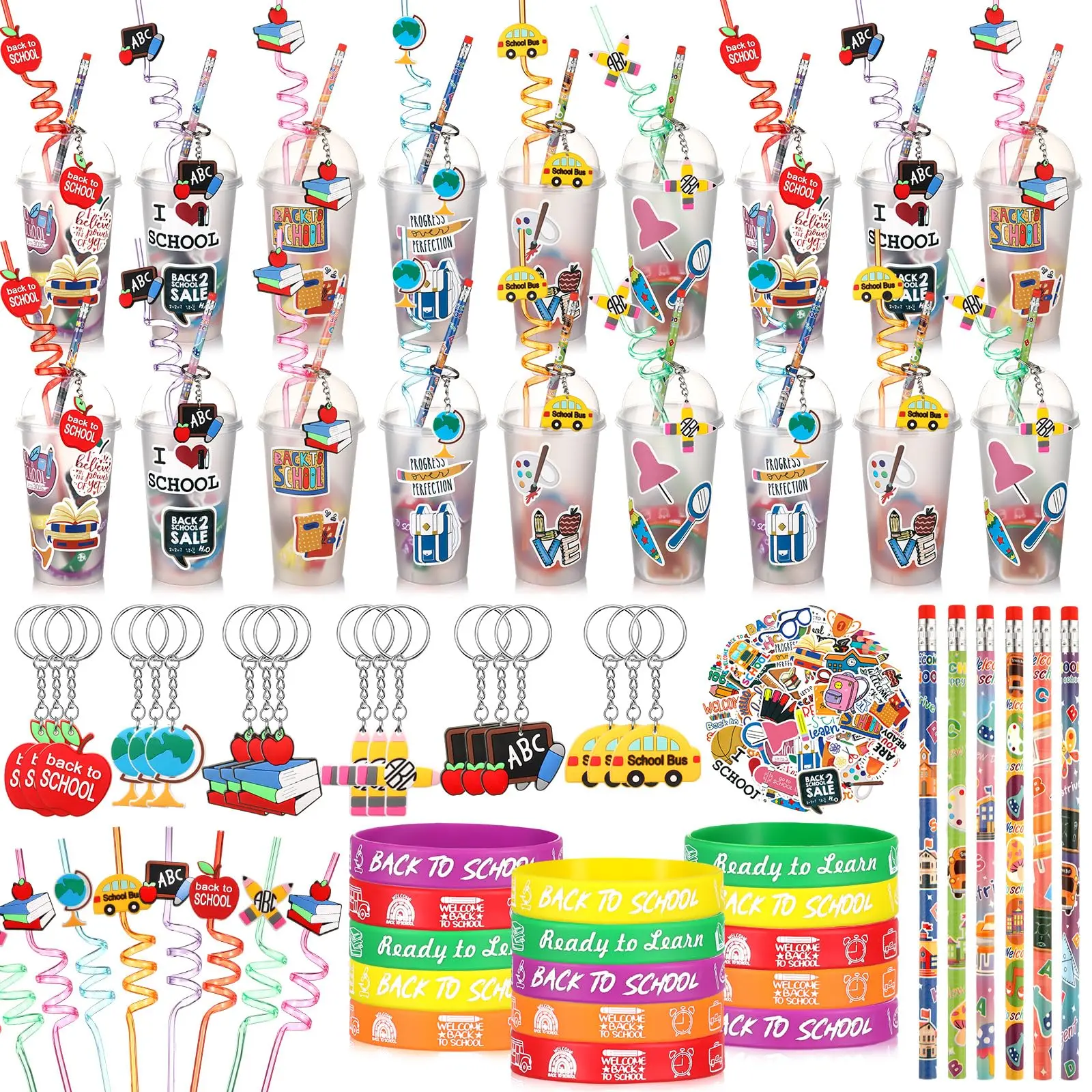 24-Set Back to School Party Favors Kit for Students, Includes Cups with Lids, Straws, Keychains, Decor, Silicone Bracelets, Pencils, Stickers – Ideal for Meet the Teacher Goodie Bags, Class Rewards, End of School Year, Beach Parties (Animal-Themed)