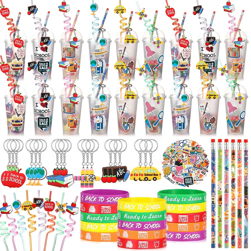 24 Set Back to School Party Favors Kit for Students Includes Lids Cups Straws Keychains Decors Silicone Bracelets Pencils Stickers Ideal for Meet the Teacher Goodie Bags Class Rewards First Day of School Party Ideas