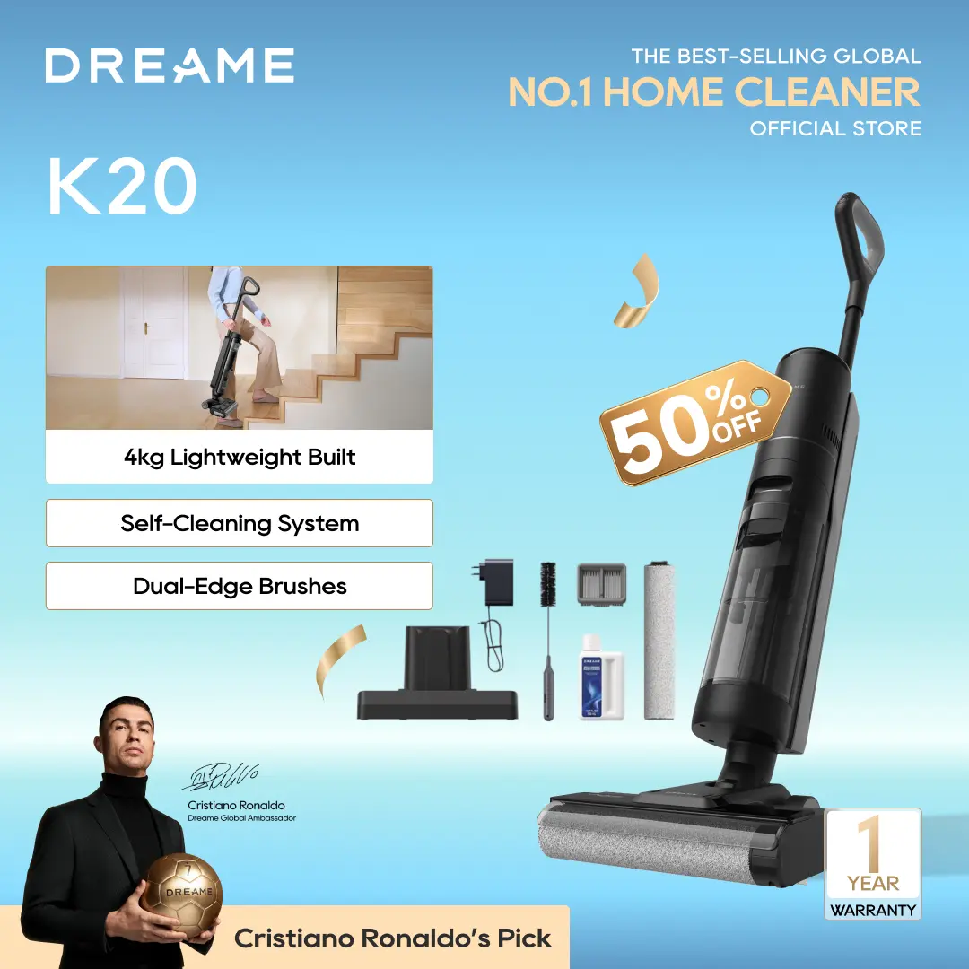 【New Arrival】Dreame K20 cordless wet and dry vacuum with dual-edge brushes,  high-frequency mopping to clean wet and dry mess on hard floors efficiently with anti-tangling tech, lightweight design, self-propelled cleaning convenience