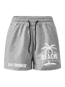 Light Drawstring Waist Casual Women's Shorts, Y2K Style Vacation Tropical Palm Print Shorts for Spring Summer, Loose-Fitting Comfortable Beach Wear Womenswear